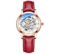 MASTOP Orologio da polso da donna con zaffiro, automatico, stile steampunk, meccanico a carica automatica, con cinturino in pelle, Oro rosso.