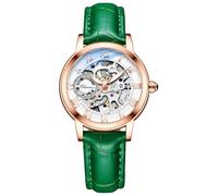 MASTOP Orologio da polso da donna con zaffiro, automatico, stile steampunk, meccanico a carica automatica, con cinturino in pelle, Verde oro