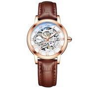 MASTOP Orologio da polso da donna con zaffiro, automatico, stile steampunk, meccanico a carica automatica, con cinturino in pelle, Marrone e oro.