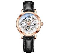 MASTOP Orologio da polso da donna con zaffiro, automatico, stile steampunk, meccanico a carica automatica, con cinturino in pelle, Nero e oro.