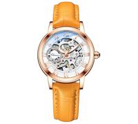 MASTOP Orologio da polso da donna con zaffiro, automatico, stile steampunk, meccanico a carica automatica, con cinturino in pelle, Arancione Oro