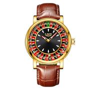 MASTOP Roulette Orologio da uomo unico di lusso al quarzo analogico grande quadrante impermeabile luminoso orologio da polso in pelle casual stile moda, Marrone dorato., Moda unica