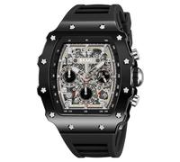 MASTOP Tonneau - Orologio da polso da uomo, alla moda, trasparente, con grande quadrante analogico, cinturino in silicone, cronografo, calendario, impermeabile, alla moda, da uomo, nero, Orologi da