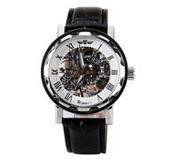Mastop unisex in pelle nera elegante quadrante bianco scheletro meccanico casual orologio da polso