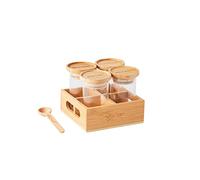 Mastrad - Vasetti per spezie - Set di 4 - Vaso per spezie in vetro con coperchio in bambù - Base di stoccaggio e cucchiaio inclusi - 90 ml