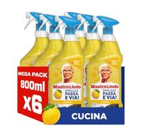 Mastro Lindo Sgrassatore Spray Cucina Limone, Senza Risciacquo, 6x 800ml | Spruzza, Passa e Via! Pulizia Rapida e Facile, Rimuove Fino al 100% del Grasso Quotidiano, Elimina lo Sporco, Multisuperfici