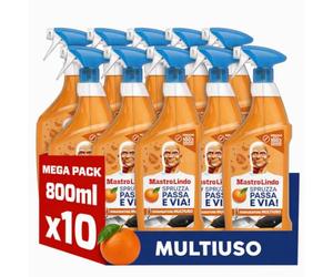 Mastro Lindo Sgrassatore Spray Multiuso Mandarino, No Risciacquo, 10x 800ml | Spruzza, Passa e Via! Pulizia Rapida e Facile, Rimuove Fino al 100% del Grasso Quotidiano, Elimina lo Sporco, Multisuperfici