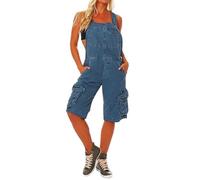 MASUCOR Salopette Corta in Denim da Donna Vintage Casual Larga Senza Maniche Salopette Corta Tutina Al Ginocchio Pantaloni a 3/4 Pagliaccetto per Donna Pantaloni Cargo Corti Estivi con Bavaglino(Blue,