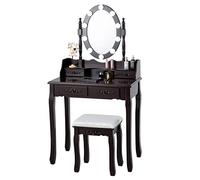 MAT EXPERT Set da scrivania con specchio illuminato, comò versatile con sgabello imbottito e 4 cassetti, tavolo organizer per trucchi con specchio girevole a 360° e 10 luci regolabili, mobile moderno