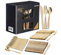 MATANA 180 Elegante Set di Posate in Plastica Oro Riutilizzabili - 60 Coltelli, 60 Forchette, 60 Cucchiai per Matrimoni, Compleanni, Feste ed Eventi