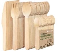 MATANA 200 Posate in Legno Usa e Getta - 50 Coltelli, 50 Forchette, 50 Cucchiai, 50 Cucchiaini - Senza Plastica, Ecologico, 100% Legno Naturale - Feste, Picnic, BBQ, Catering