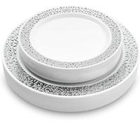 Matana 40 Piatti in Plastica Bianca Premium con Bordo Argento (2 Misure: 20 x 26cm, 20 x 19cm) - Eleganti, Resistenti e Riutilizzabili - Matrimoni, Compleanni, Battesimi, BBQ, Natale, Feste