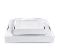 Matana 40 Piatti Quadrati in Plastica Bianca Premium con Bordo Argento - 2 Misure: 20 x 24cm, 20 x 16,5cm - Eleganti, Resistenti e Riutilizzabili - Matrimoni, Compleanni, Natale, Barbecue, Feste