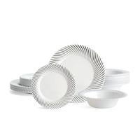 Matana 96 Pezzi Piatti e Ciotole in Plastica Bianca con Bordo Argento - 32 Piatti Piani, 32 Piattini, 32 Ciotole - Stoviglie Elegante e Riutilizzabile per Feste, Matrimoni, Compleanni, Picnic