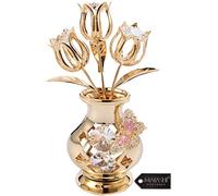Matashi 24K Gold Plated Beautifully Crafted Tulips with Butterfly in A Vase Table Top Ornament Made with Genuine Crystals by