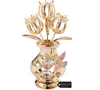 Matashi Decorazione da Tavolo Charming Temptations a Forma di Vaso di Tulipani con Uccellino, in Materiale Placcato Oro 24 ct, con esclusivi Cristalli Trasparenti
