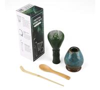 Matcha kit 4 Pezzi, Set da tè giapponese Matcha, Frusta Matcha Gialla in Resinoso, Cucchiaio in Bambù, Paletta in Bambù, Portafrusta, Kit per cerimonia fatto a mano (Verde)
