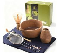 Matcha Kit Completo 7 Pezzi in Regalo Elegante: Ciotola Ceramica, Frullino di Bambù, Set per Tè Giapponese con Base, Setaccio Acciaio + Tovaglietta Lino - Set Matcha Autentico (Marrone)