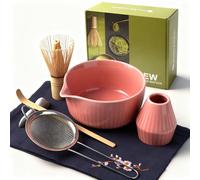 Matcha Kit Completo 7 Pezzi in Regalo Elegante: Ciotola Ceramica, Frullino di Bambù, Set per Tè Giapponese con Base, Setaccio Acciaio + Tovaglietta Lino - Set Matcha Autentico (Rosa)