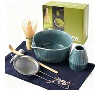 Matcha Kit Completo 7 Pezzi in Regalo Elegante: Ciotola Ceramica, Frullino di Bambù, Set per Tè Giapponese con Base, Setaccio Acciaio + Tovaglietta Lino - Set Matcha Autentico (Blu)