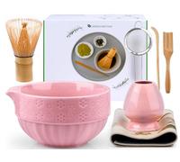 Matcha Kit, Set da 7 Pezzi con Frusta Matcha, Ciotola Matcha, Setaccio Matcha, 2 Cucchiai Matcha, Porta Frusta in Ceramica, Asciugamani Pregiati, Regalo di Alta Qualità per Gli Amanti del Matcha, Rosa