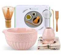 Matcha Kit, Set da 7 Pezzi con Frusta Matcha, Ciotola Matcha, Setaccio Matcha, 2 Cucchiai Matcha, Porta Frusta in Ceramica, Asciugamani Pregiati, Regalo di Alta Qualità per Gli Amanti del Matcha, Rosa