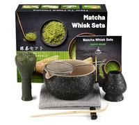 Matcha Set da 7 pezzi, Matcha Broom, Macha Tea Set with Matcha Spoon, Whisk Holder, Matcha Scopa, Shovel, Strainer, Matcha Accessories Traditional Japanese Tea Ceremony Best Gift, Nero maculato