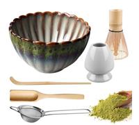 Matcha - Set da tè giapponese, 6 pezzi Matcha, set di fruste per matcha, set completo con ciotola per matcha, frusta in polvere, cucchiaio per matcha, porta scopa (bianco verde)