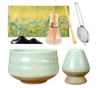 Matcha, set da tè Matcha, confezione da 7, disponibile con ciotola Matcha, frusta, porta scopa, cucchiaino, porta cucchiaino, colino matcha, strofinaccio, confezione regalo per cerimonia del tè,