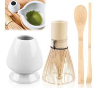 Matcha Set di 4 fruste in bambù, setole per whisk 70, porta pennelli da tè in ceramica, accessori per matcha