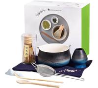 Matcha Set di 8 scope Matcha, ciotola per matcha, ciotola per matcha con beccuccio, whisky in bambù, pala, colino, supporto per matcha, set di accessori con asciugamano da tè (8, forno diventa blu)