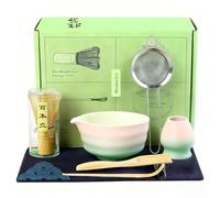 Matcha Set di 8 scope Matcha, ciotola per matcha, ciotola per matcha con beccuccio, whisky in bambù, pala, colino, supporto per matcha, set di accessori con asciugamano da tè (8, rosa-verde)