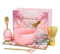 Matcha Set di 8 scope Matcha, ciotola per matcha, ciotola per matcha con beccuccio, whisky in bambù, pala, colino, supporto per matcha, set di accessori con asciugamano da tè (8, rosa)