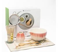 Matcha Set di 8 scope Matcha, ciotola per matcha, ciotola per matcha con beccuccio, whisky in bambù, pala, colino, supporto per matcha, set di accessori con asciugamano da tè (8, bianco e rosa)