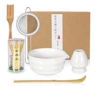 Matcha Set di scope Matcha, 6 pezzi, set da tè Matcha con ciotola per matcha, porta scopa, filtro matcha, cucchiaio e pala, set da tè matcha, accessori matcha, set regalo per amanti del matcha (bianco