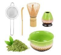 Matcha Tè Kit, 5 Pezzi, Set Cerimonia Matcha, Ciotola in Ceramica con Beccuccio con Porta Frusta, Porta Scopa, Filtro, Paletta di Bambù, Supporto per Preparare Tè Matcha (Verde A)