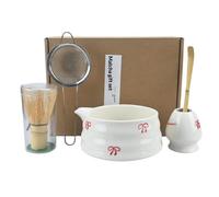 Matcha Whisk Set, grazioso kit per fare arco con ciotola in ceramica a spiffata, frusta e supporto in bambù, scoop, setaccio, accessori per il tè tradizionale giapponese per la casa