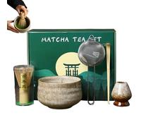 Matcha Whisk Set, Matcha Kit, 5-Piece Maker Tools, Ceramic Bowl and Bamboo Whip, Traditional Accessories for Home Tea Preparation, Family Gatherings, Daily Use, Natural Finish