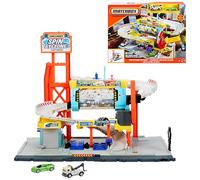 Matchbox - Autolavaggio Cyclone, Set con Pista, Auto da Corsa e carro Attrezzi Inclusi, Tunnel di Lavaggio Rotante, Officina Meccanica e parcheggio, Giocattolo per Bambini, 3+ Anni, JGB68