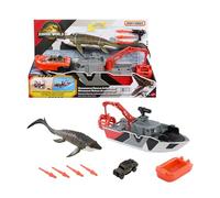 Matchbox Mattel Jurassic World - La rinascita, playset con barca da 31,8 cm circa con Mosasauro da 33 cm circa, jeep die-cast in scala 1:64, missili arpione e barca di salvataggio rimovibile, JGG61