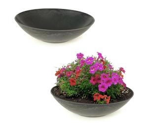 Matches21 - Ciotole da giardino resistenti alle intemperie, due grandi ciotole decorative in nero marmorizzato come ciotole per fiori, ciotole piatte da 35 cm, per fiori, bonsai o cimitero