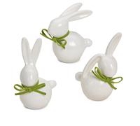 matches21 - Coniglietti decorativi in ceramica, per la Pasqua, 7 - 9 cm, set da 3 pz, colore: Bianco con fiocco verde