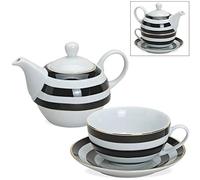 matches21 HOME & HOBBY Tea for One Set strisce bianche e nere con bordo dorato, set regalo esclusivo con teiera, tazza e piatto, design elegante per momenti speciali di piacere