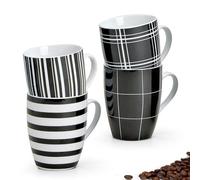 matches21 tazze da caffè con accattivanti motivi a righe bianche e nere, in porcellana, set da 4 pezzi, 10 cm, 300 ml