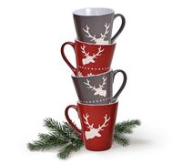 matches21 Tazze da caffè natalizie, cervo tinta unita e cervo fiocchi di neve grigio rosso in gres porcellanato set da 4 / 10 cm / 200 ml