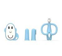 Matchstick Monkey, Antimicrobial Teething Starter Set - 1 Flat Face Teether, 1 Animal Teether, 2 Silicone Finger Toothbrushes, 3 Months Old+, Light Blue Monkey