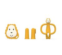 Matchstick Monkey, Antimicrobial Teething Starter Set - 1 Flat Face Teether, 1 Animal Teether, 2 Silicone Finger Toothbrushes, 3 Months Old+, Ludo Lion