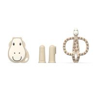 Matchstick Monkey, Antimicrobial Teething Starter Set - 1 Flat Face Teether, 1 Animal Teether, 2 Silicone Finger Toothbrushes, 3 Months Old+, Gigi Giraffe