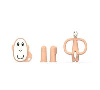 Matchstick Monkey, Antimicrobial Teething Starter Set - 1 Flat Face Teether, 1 Animal Teether, 2 Silicone Finger Toothbrushes, 3 Months Old+, Peach