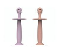 Matchstick Monkey Cepillo de dientes de entrenamiento con tapón, para cepillado independiente, mango de silicona suave fácil de agarrar, protección antimicrobiana, a partir de 3 meses, rosa